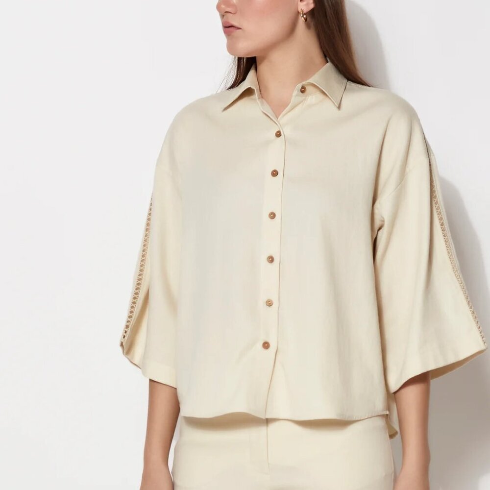 Anjum Khan Alvyia Natural Collared Short Sleeve Shirt Organic Cotton Size XS NWT